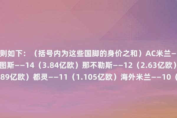 细则如下：（括号内为这些国脚的身价之和）AC米兰——15（4.097亿欧）尤文图斯——14（3.84亿欧）那不勒斯——12（2.63亿欧）亚特兰大——12（1.89亿欧）都灵——11（1.105亿欧）海外米兰——10（4.265亿欧）博洛尼亚——10（1.485亿欧）罗马——10（1.37亿欧）维罗纳——10（3570万欧）拉都奥——9（1.435亿欧）乌迪内斯——9（6750万欧）威尼斯——9（